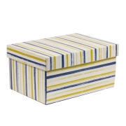 Darčeková krabica s vekom 300x200x150/40 mm, VZOR - PRUHY modrá/žltá