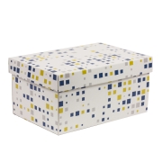 Darčeková krabica s vekom 300x200x150/40 mm, VZOR - KOCKY modrá/žltá