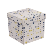 Darčeková krabička s vekom 200x200x200/40 mm, VZOR - KOCKY modrá/žltá