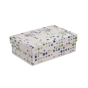 Darčeková krabica s vekom 300x200x100/40 mm, VZOR - KOCKY zelená/modrá