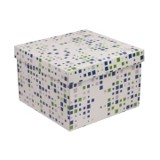 Darčeková krabica s vekom 300x300x200/40 mm, VZOR - KOCKY zelená/modrá