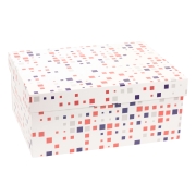 Darčeková krabica s vekom 350x250x150/40 mm, VZOR - KOCKY fialová/koralová