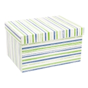 Darčeková krabica s vekom 350x250x200/40 mm, VZOR - PRUHY zelená/modrá