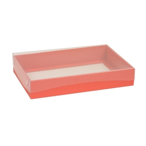 Darčeková krabica s priehľadným vekom 300x200x50/35 mm, koralová
