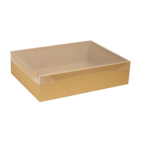 Darčeková krabica s priehľadným vekom 400x300x100/35 mm, hnedá - kraft
