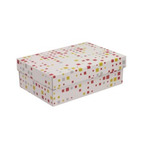 Darčeková krabica s vekom 300x200x100/40 mm, VZOR - KOCKY koralová/žltá