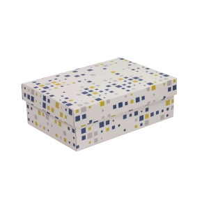 Darčeková krabica s vekom 300x200x100/40 mm, VZOR - KOCKY modrá/žltá