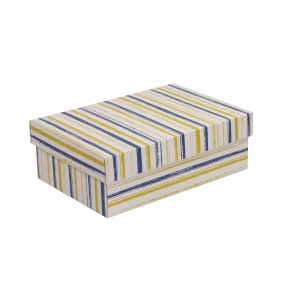 Darčeková krabica s vekom 300x200x100/40 mm, VZOR - PRUHY modrá/žltá