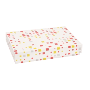 Darčeková krabica s vekom 300x200x50/40 mm, VZOR - KOCKY koralová/žltá
