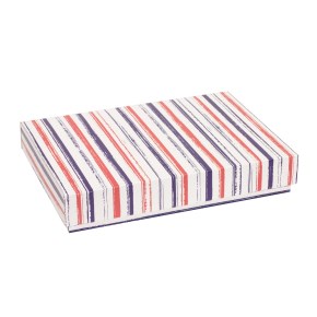 Darčeková krabica s vekom 300x200x50/40 mm, VZOR - PRUHY fialová/koralová