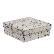 Darčeková krabica s vekom 300x300x100/40 mm, VZOR - KOCKY modrá/žltá