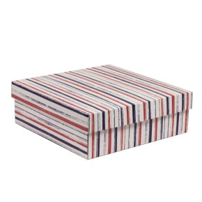 Darčeková krabica s vekom 300x300x100/40 mm, VZOR - PRUHY fialová/koralová