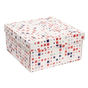 Darčeková krabica s vekom 300x300x150/40 mm, VZOR - KOCKY fialová/koralová