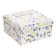 Darčeková krabica s vekom 300x300x150/40 mm, VZOR - KOCKY modrá/žltá