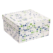 Darčeková krabica s vekom 300x300x150/40 mm, VZOR - KOCKY zelená/modrá