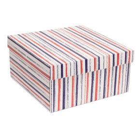 Darčeková krabica s vekom 300x300x150/40 mm, VZOR - PRUHY fialová/koralová