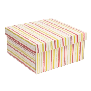 Darčeková krabica s vekom 300x300x150/40 mm, VZOR - PRUHY koralová/žltá