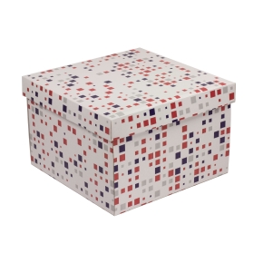 Darčeková krabica s vekom 300x300x200/40 mm, VZOR - KOCKY fialová/koralová