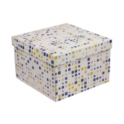 Darčeková krabica s vekom 300x300x200/40 mm, VZOR - KOCKY modrá/žltá