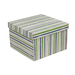 Darčeková krabica s vekom 300x300x200/40 mm, VZOR - PRUHY zelená/modrá