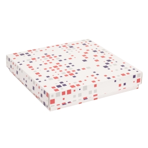 Darčeková krabica s vekom 300x300x50/40 mm, VZOR - KOCKY fialová/koralová