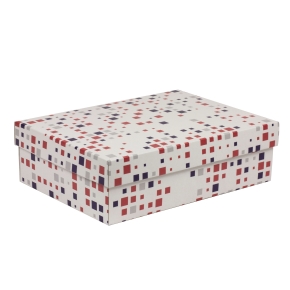 Darčeková krabica s vekom 350x250x100/40 mm, VZOR - KOCKY fialová/koralová