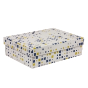 Darčeková krabica s vekom 350x250x100/40 mm, VZOR - KOCKY modrá/žltá