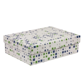 Darčeková krabica s vekom 350x250x100/40 mm, VZOR - KOCKY zelená/modrá