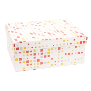 Darčeková krabica s vekom 350x250x150/40 mm, VZOR - KOCKY koralová/žltá