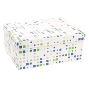 Darčeková krabica s vekom 350x250x150/40 mm, VZOR - KOCKY zelená/modrá