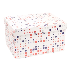 Darčeková krabica s vekom 350x250x200/40 mm, VZOR - KOCKY fialová/koralová