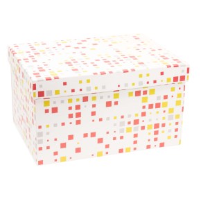 Darčeková krabica s vekom 350x250x200/40 mm, VZOR - KOCKY koralová/žltá