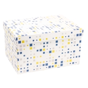 Darčeková krabica s vekom 350x250x200/40 mm, VZOR - KOCKY modrá/žltá