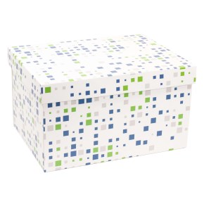 Darčeková krabica s vekom 350x250x200/40 mm, VZOR - KOCKY zelená/modrá