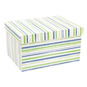 Darčeková krabica s vekom 350x250x200/40 mm, VZOR - PRUHY zelená/modrá