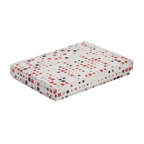Darčeková krabica s vekom 350x250x50/40 mm, VZOR - KOCKY fialová/koralová