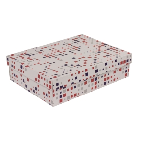 Darčeková krabica s vekom 400x300x100/40 mm, VZOR - KOCKY fialová/koralová