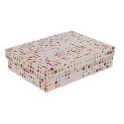 Darčeková krabica s vekom 400x300x100/40 mm, VZOR - KOCKY koralová/žltá