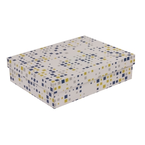 Darčeková krabica s vekom 400x300x100/40 mm, VZOR - KOCKY modrá/žltá
