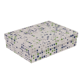 Darčeková krabica s vekom 400x300x100/40 mm, VZOR - KOCKY zelená/modrá
