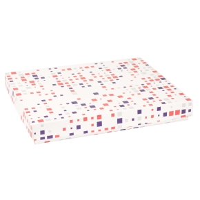 Darčeková krabica s vekom 400x300x50/40 mm, VZOR - KOCKY fialová/koralová