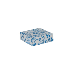 Darčeková krabička 100x100x35/35 mm, sivá so vzorom na veku, modré lístky
