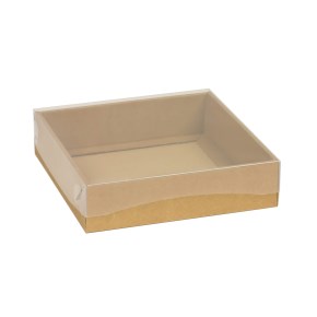 Darčeková krabička s priehľadným vekom 200x200x50/35 mm, hnedá - kraft