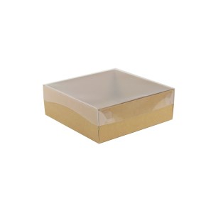 Darčeková krabička s priehľadným vekom 200x200x70/35 mm, hnedá - kraftová