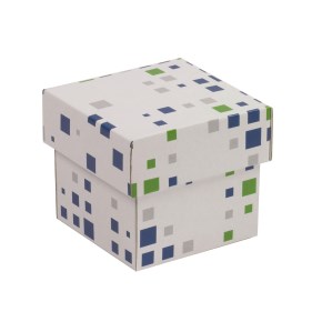 Darčeková krabička s vekom 100x100x100/40 mm, VZOR - KOCKY zelená/modrá