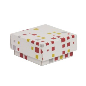 Darčeková krabička s vekom 100x100x50/40 mm, VZOR - KOCKY koralová/žltá