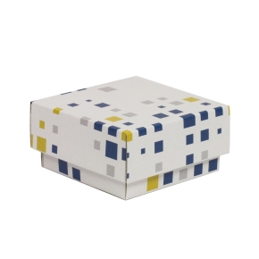 Darčeková krabička s vekom 100x100x50/40 mm, VZOR - KOCKY modrá/žltá