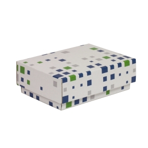 Darčeková krabička s vekom 150x100x50/40 mm, VZOR - KOCKY zelená/modrá