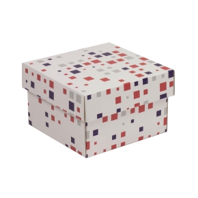 Darčeková krabička s vekom 150x150x100/40 mm, VZOR - KOCKY fialová/koralová