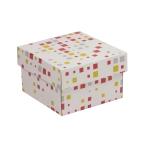 Darčeková krabička s vekom 150x150x100/40 mm, VZOR - KOCKY koralová/žltá